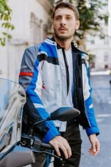 Scudo Madrid 3 Mevsim Erkek Motosiklet Ceketi - Gri Mavi Kırmızı - M