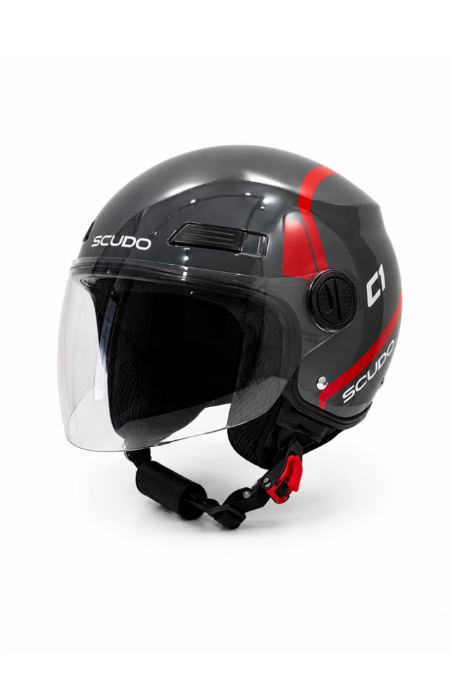 Scudo C1 Open Face Çene Açık Motosiklet Kaskı Ece 22.06 Sertifikalı Gri/Kırmızı L