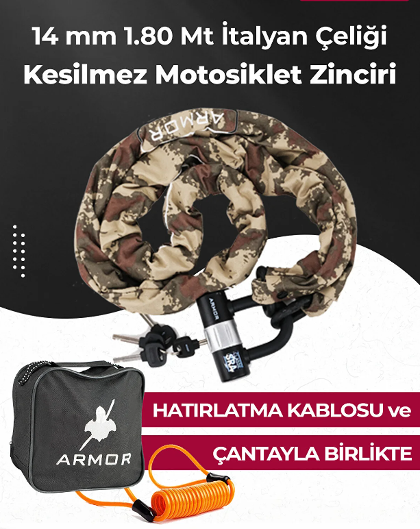 Armor 714mv Kesilmez Motosiklet Zincir Kiliti 14mm 1.80mt ve U Kilit